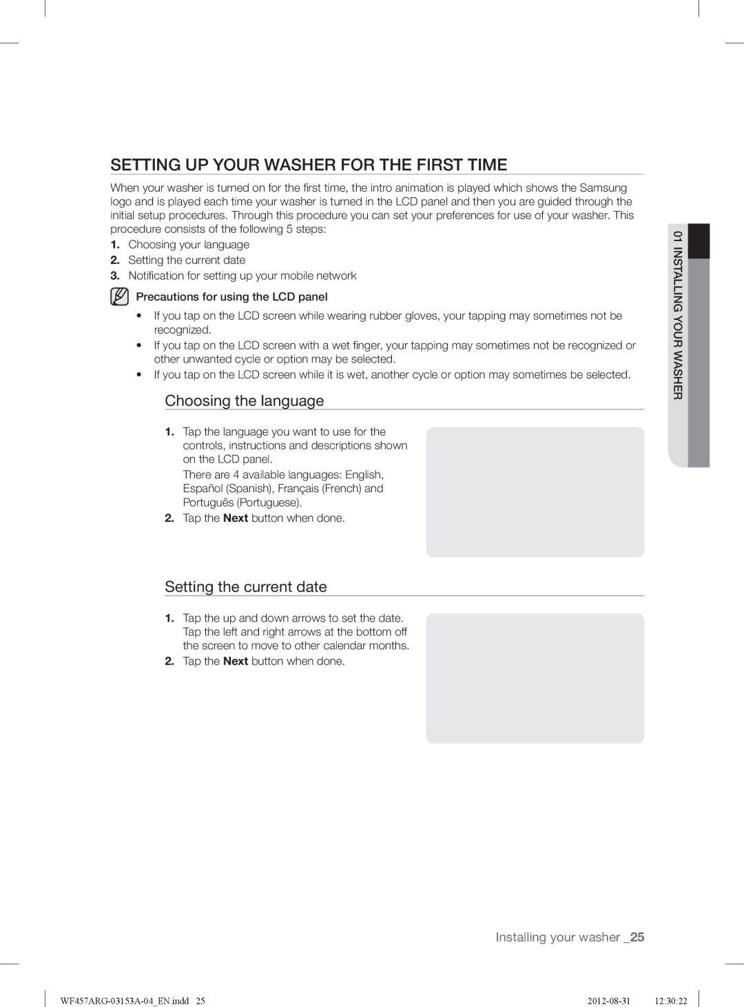 Samsung WF457ARGSGR user manual Setting UP Your Washer for the First Time, Choosing the language, Setting the current date 