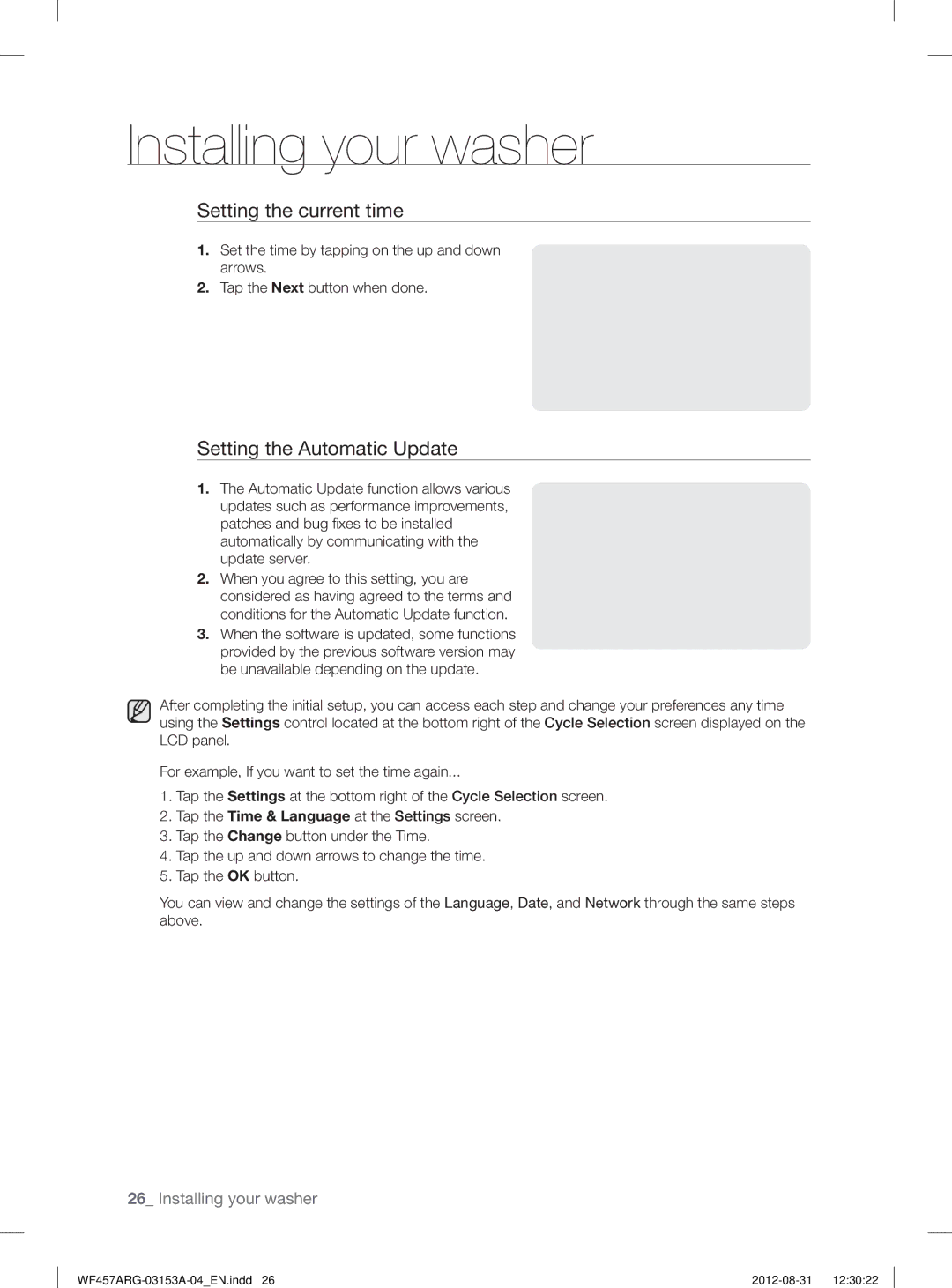 Samsung WF457ARGSGR user manual Setting the current time, Setting the Automatic Update 