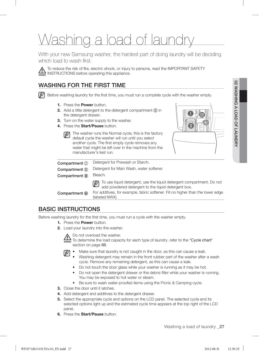 Samsung WF457ARGSGR user manual Washing a load of laundry, Washing for the First Time, Basic Instructions, Labeled MAX 