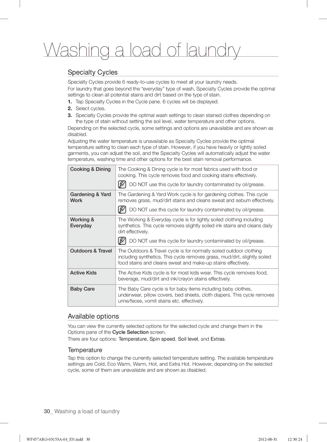 Samsung WF457ARGSGR user manual Specialty Cycles, Available options, Temperature 