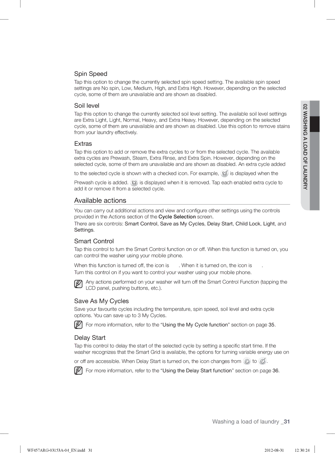 Samsung WF457ARGSGR user manual Available actions 