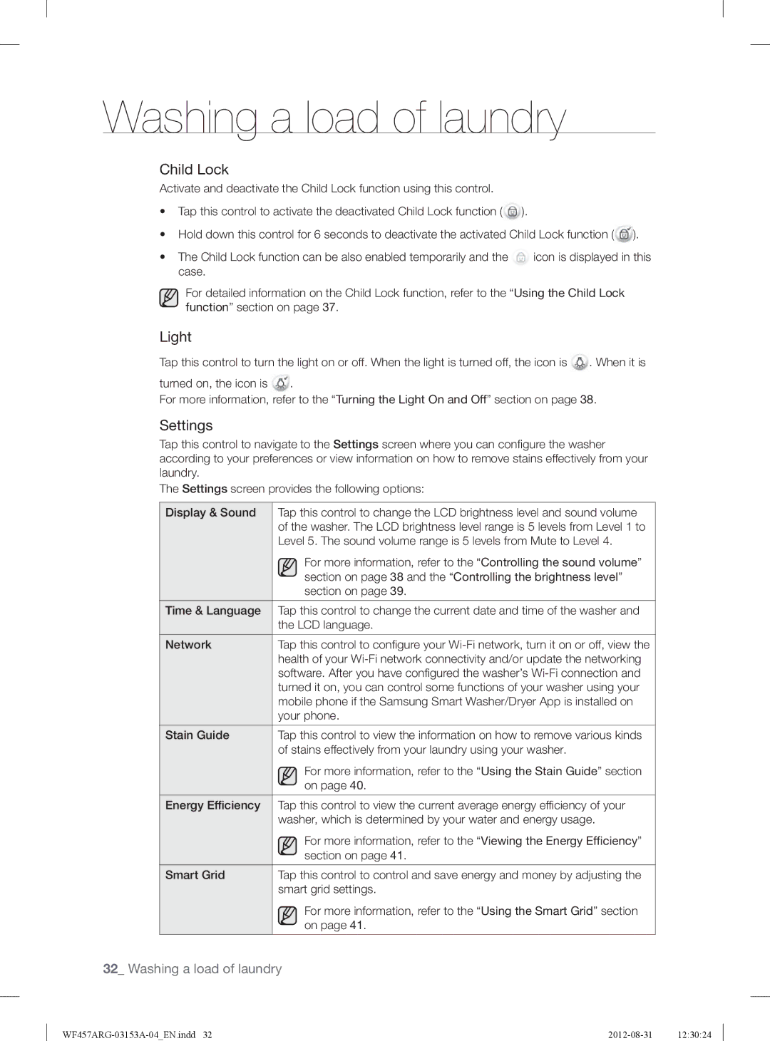 Samsung WF457ARGSGR user manual Child Lock, Light, Settings 