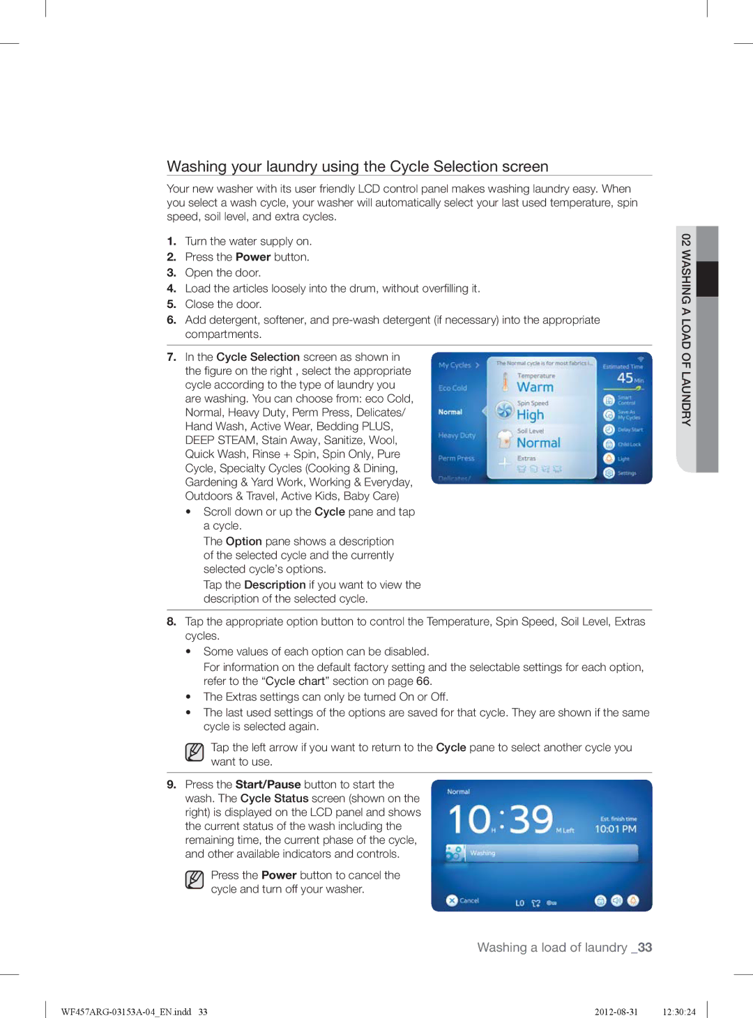 Samsung WF457ARGSGR user manual Washing your laundry using the Cycle Selection screen 