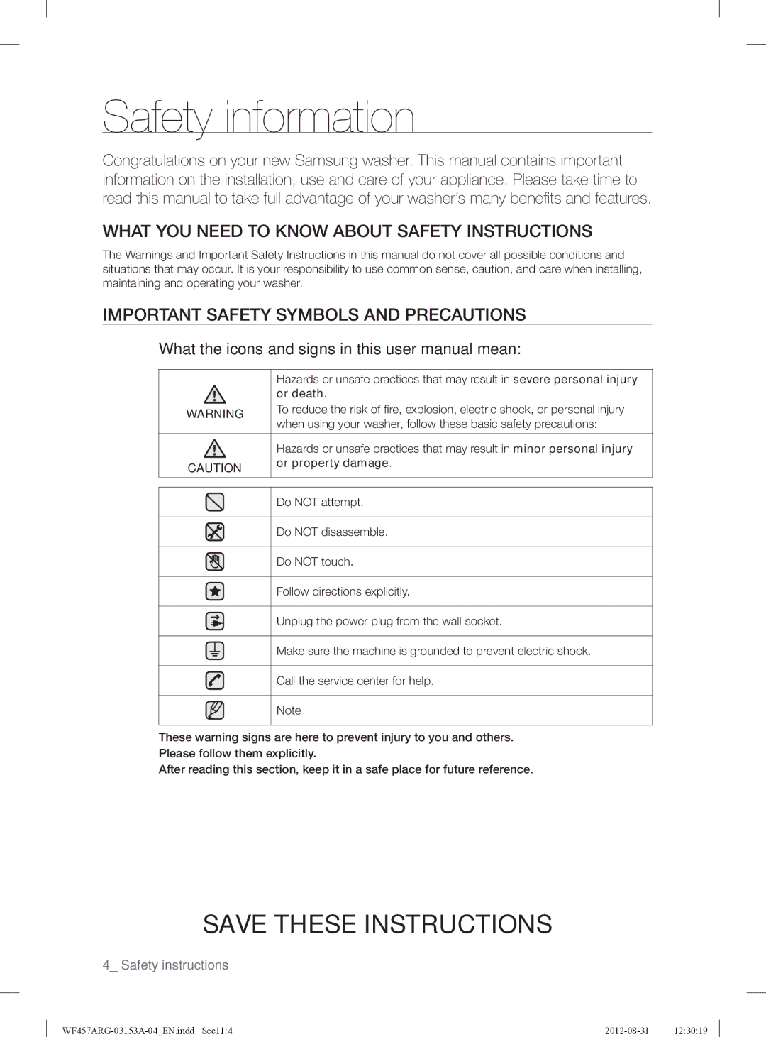 Samsung WF457ARGSGR user manual Safety information, Or death, Or property damage 