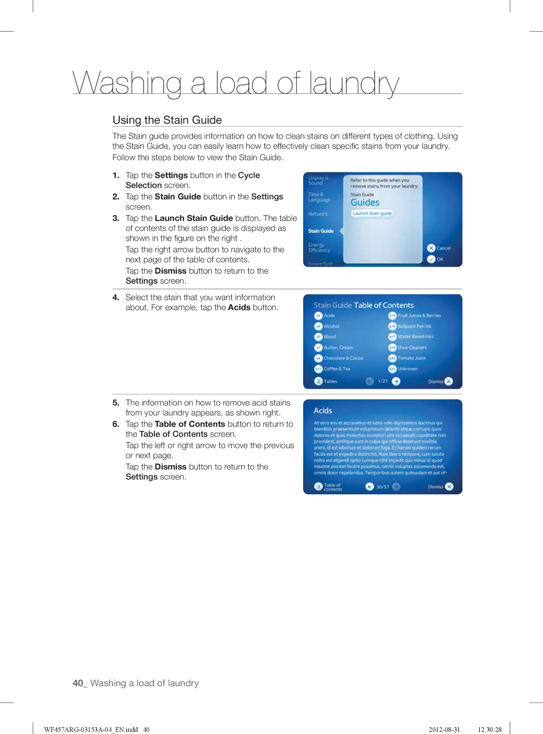 Samsung WF457ARGSGR user manual Using the Stain Guide 