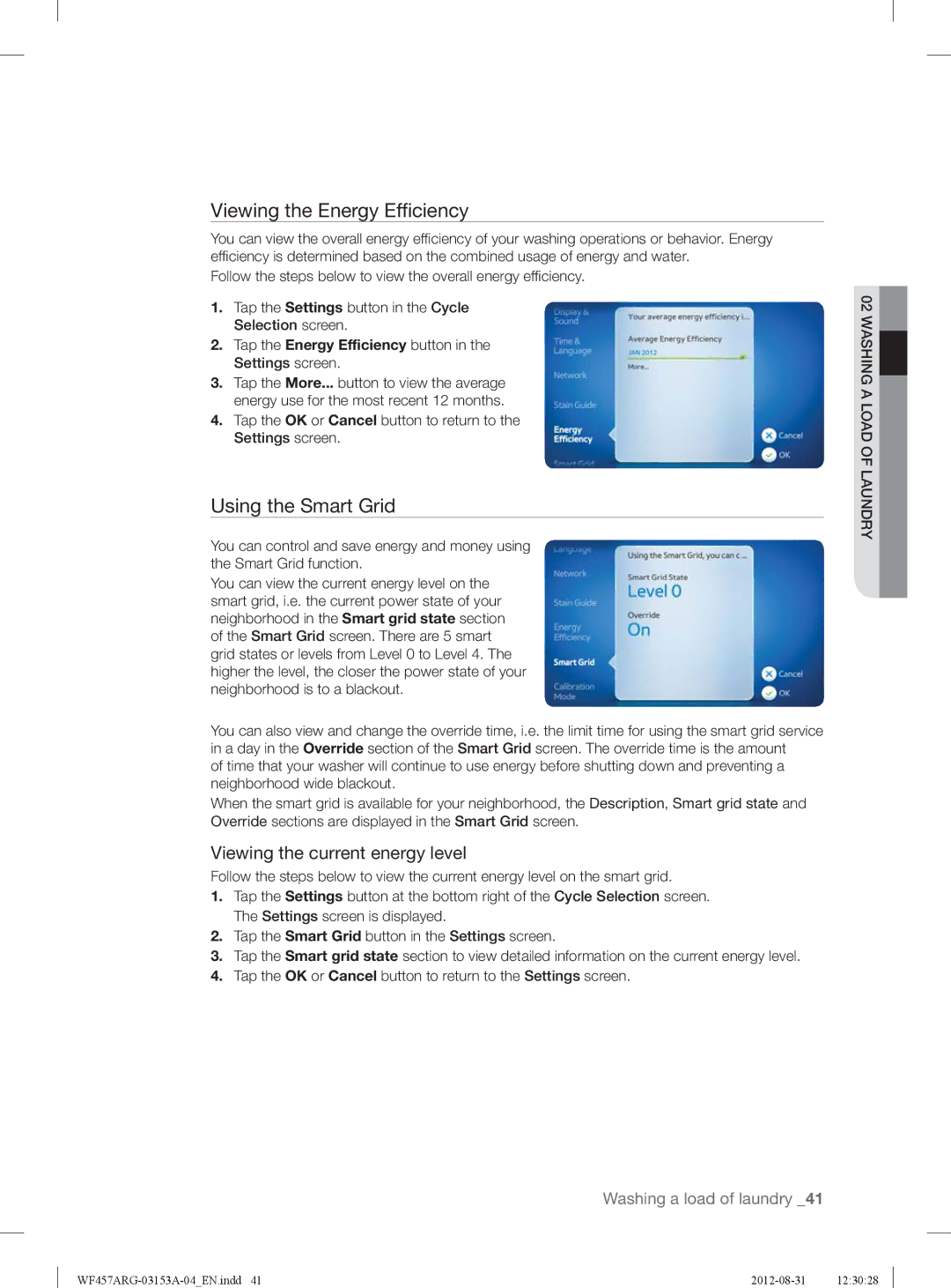 Samsung WF457ARGSGR user manual Viewing the Energy Efficiency, Using the Smart Grid, Viewing the current energy level 