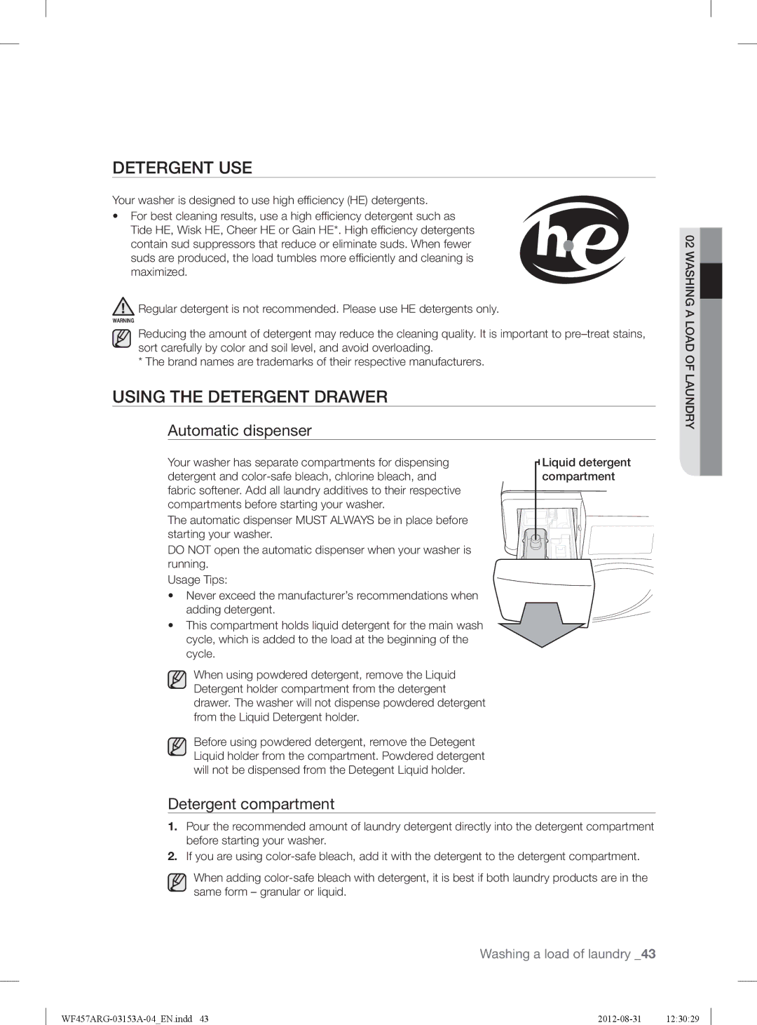 Samsung WF457ARGSGR user manual Detergent USE, Using the Detergent Drawer, Automatic dispenser, Detergent compartment 