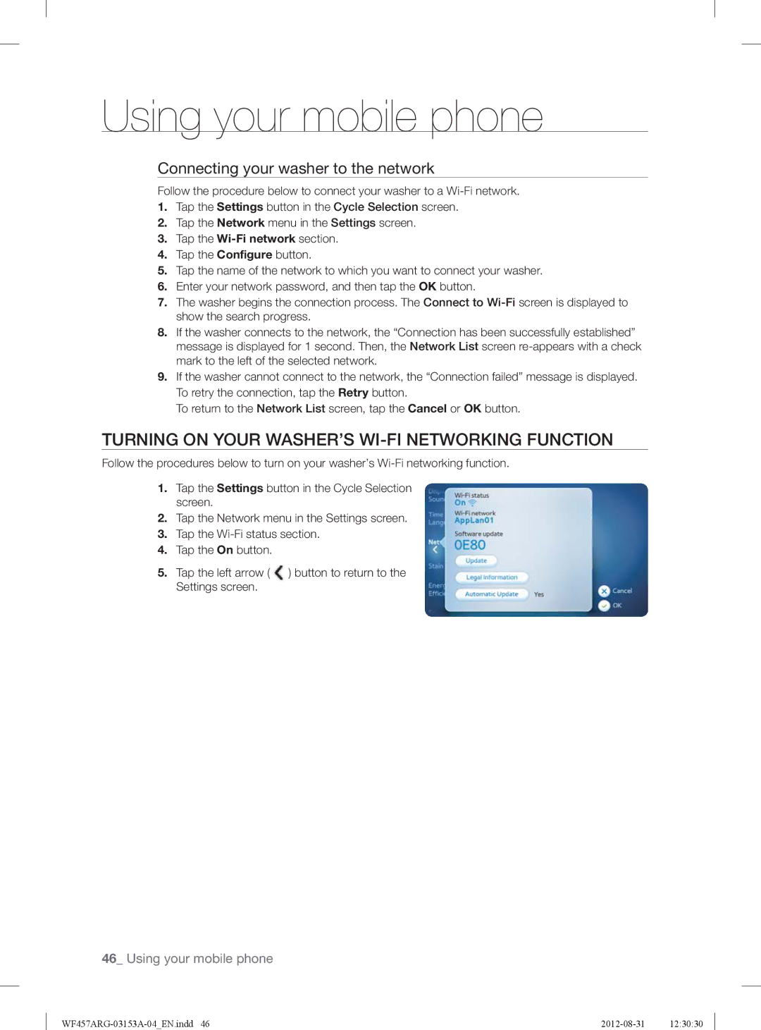 Samsung WF457ARGSGR user manual Turning on Your WASHER’S WI-FI Networking Function, Connecting your washer to the network 