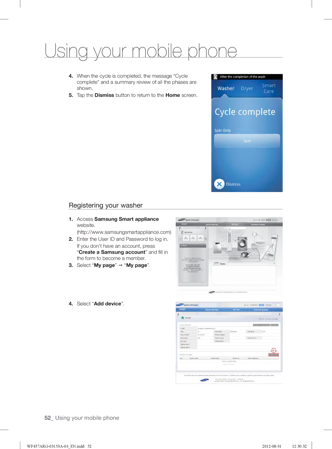 Samsung WF457ARGSGR user manual Registering your washer, Select Add device 