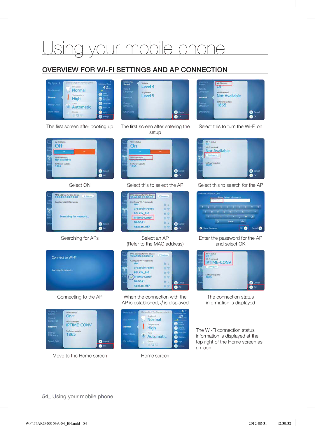 Samsung WF457ARGSGR user manual Overview for WI-FI Settings and AP Connection, Setup Select on Select this to select the AP 