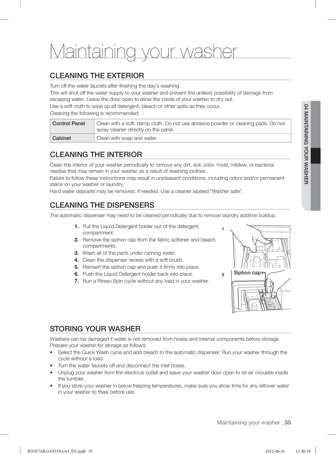 Samsung WF457ARGSGR Maintaining your washer, Cleaning the Exterior, Cleaning the Interior, Cleaning the Dispensers 