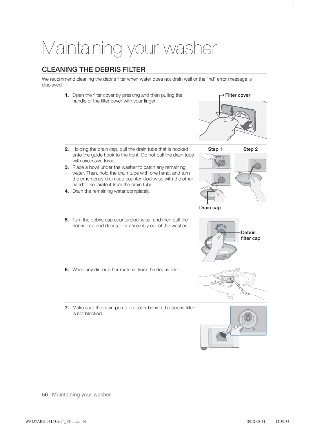 Samsung WF457ARGSGR user manual Cleaning the Debris Filter 