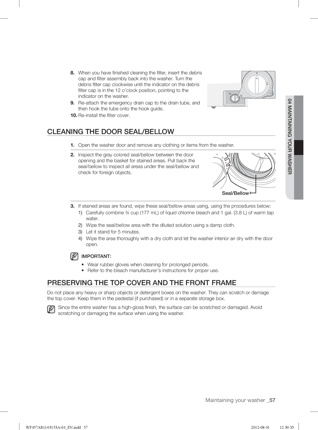 Samsung WF457ARGSGR user manual Cleaning the Door SEAL/BELLOW, Preserving the TOP Cover and the Front Frame 