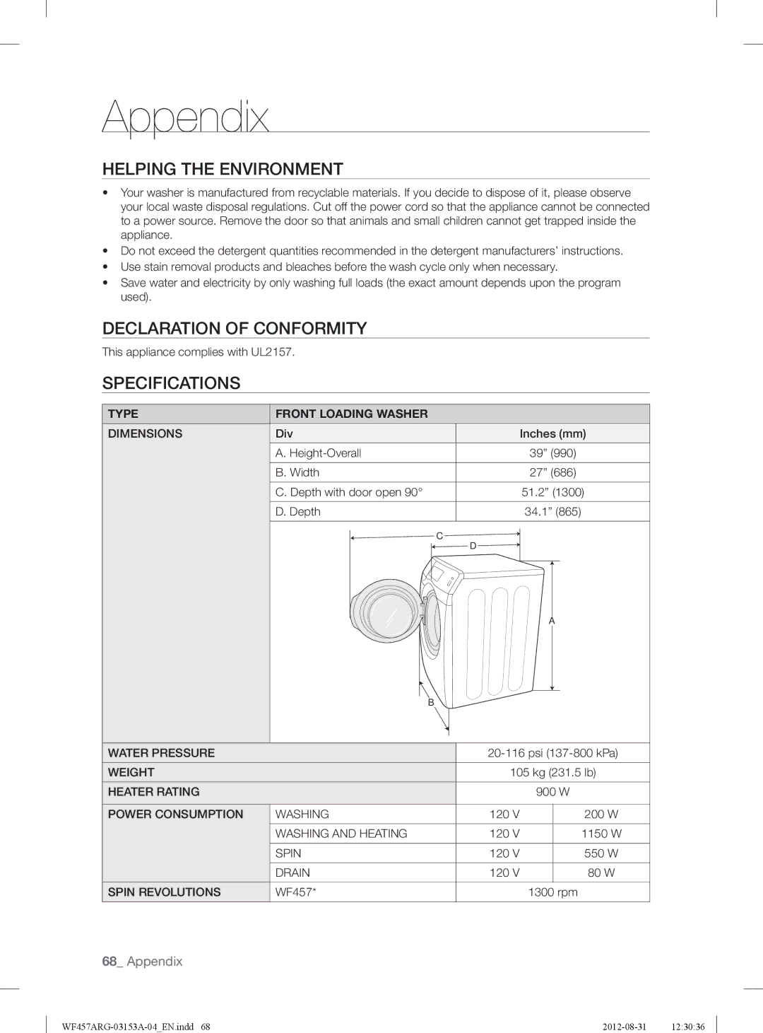 Samsung WF457ARGSGR Helping the Environment, Declaration of Conformity, Specifications, Type Front Loading Washer 