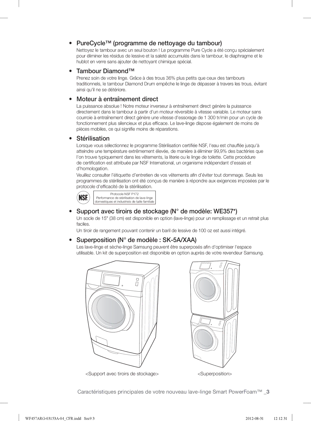 Samsung WF457ARGSGR user manual PureCycle programme de nettoyage du tambour, Tambour Diamond, Moteur à entraînement direct 