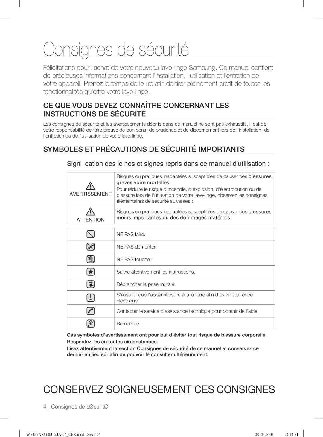 Samsung WF457ARGSGR Consignes de sécurité, Symboles ET Précautions DE Sécurité Importants, Graves voire mortelles 