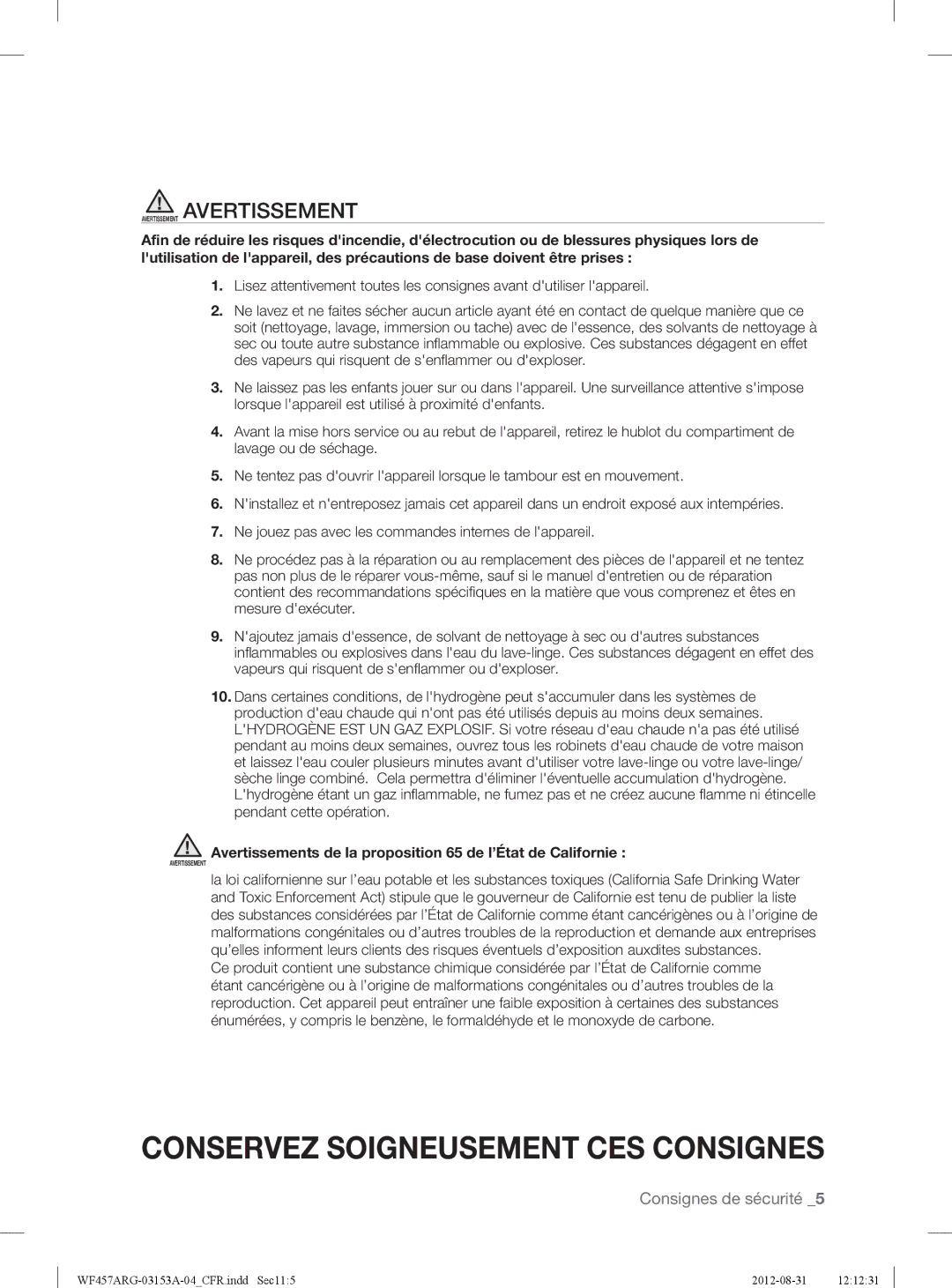 Samsung WF457ARGSGR user manual Avertissements de la proposition 65 de l’État de Californie 