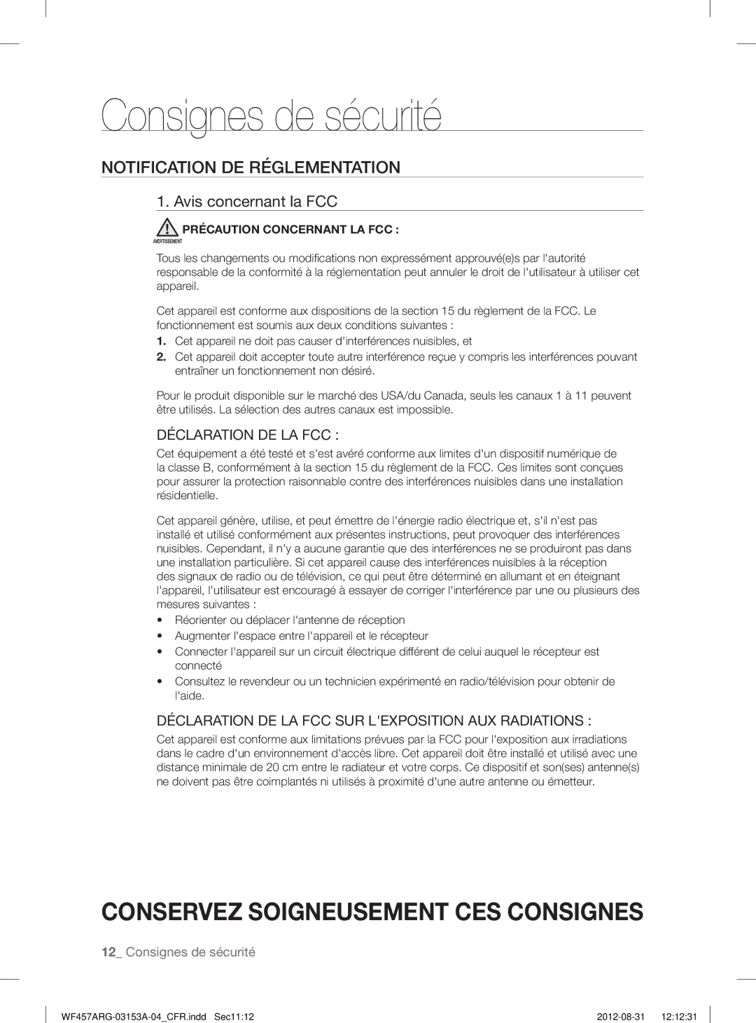 Samsung WF457ARGSGR user manual Notification DE Réglementation, Avis concernant la FCC, Précaution Concernant LA FCC 