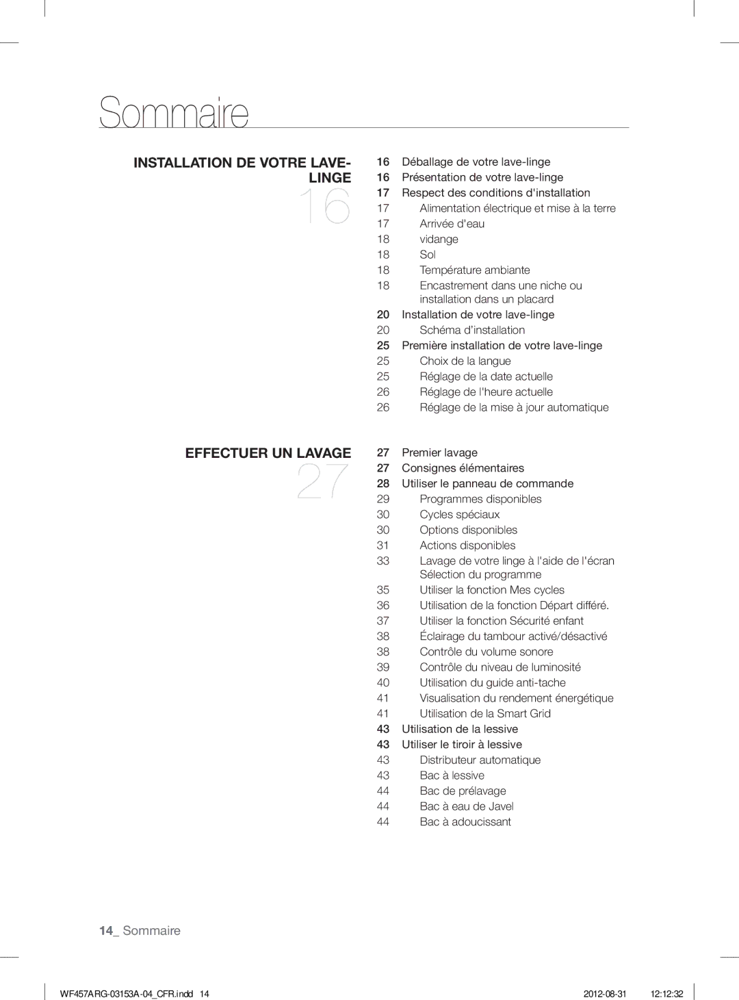 Samsung WF457ARGSGR user manual Sommaire 