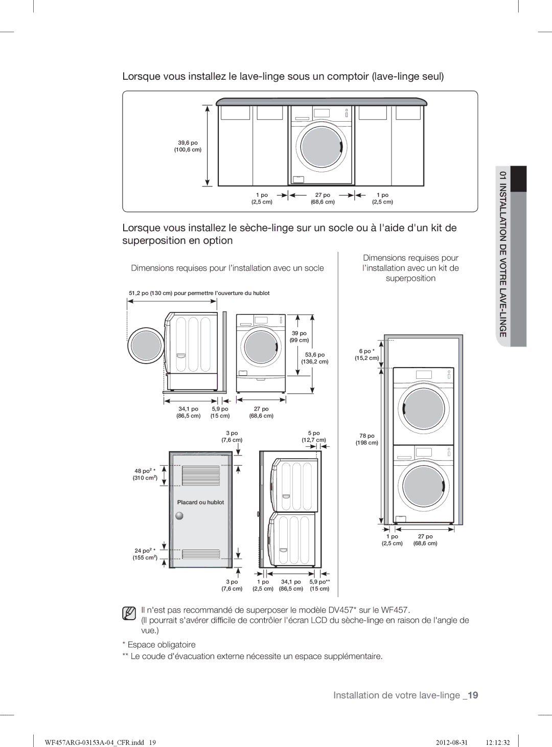 Samsung WF457ARGSGR user manual Dimensions requises pour l’installation avec un socle, Votre LAVE-LINGE 