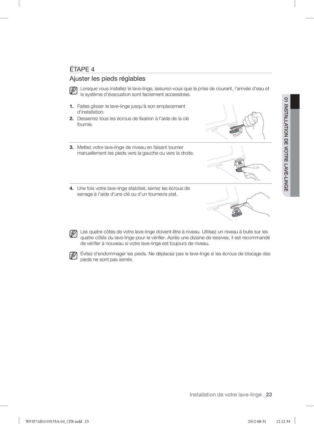 Samsung WF457ARGSGR user manual Ajuster les pieds réglables 