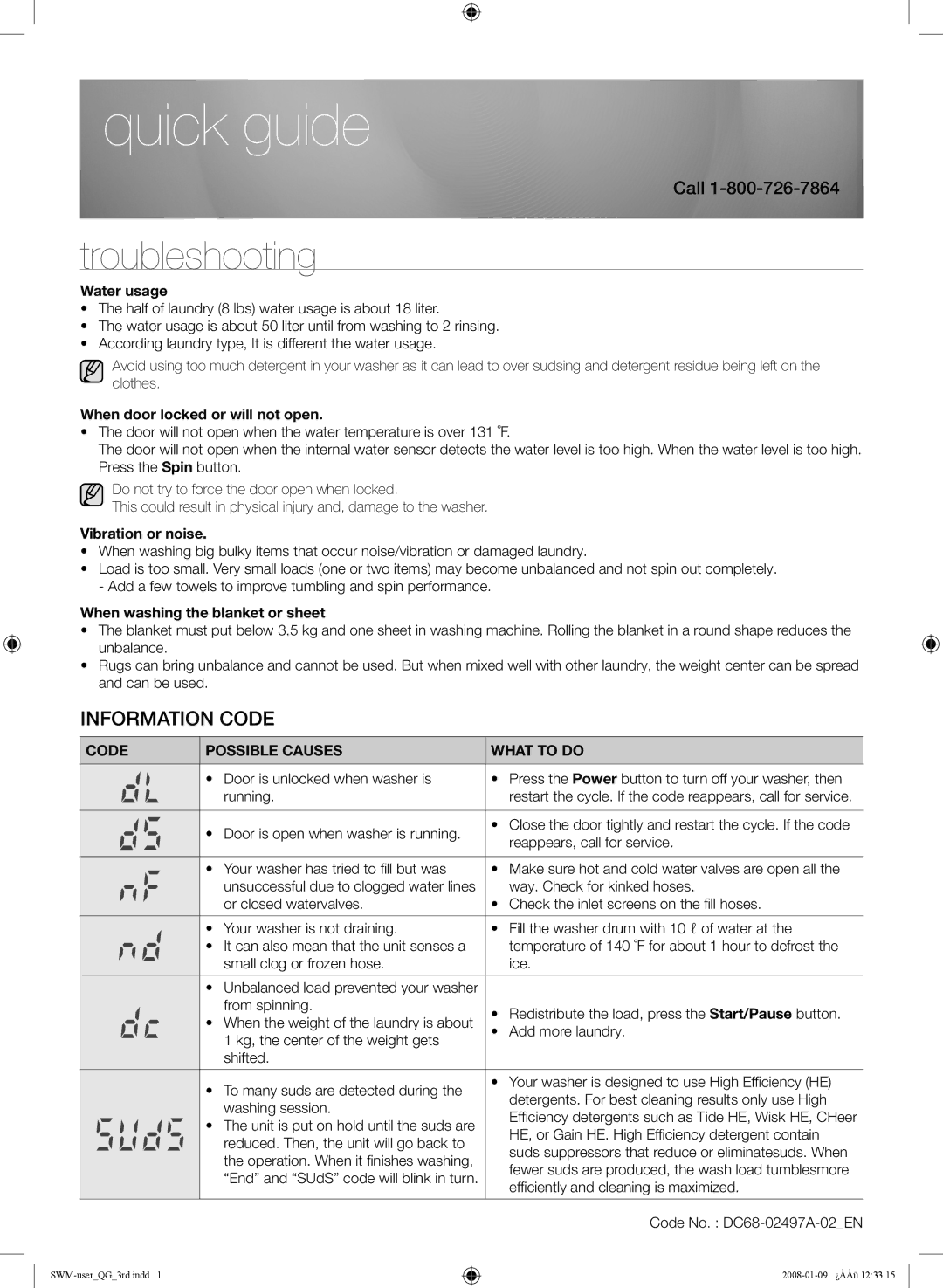 Samsung WD8754CJF/XTC, WF520ABP/XAA, WD8704EJA/XEE manual Troubleshooting, Information Code 