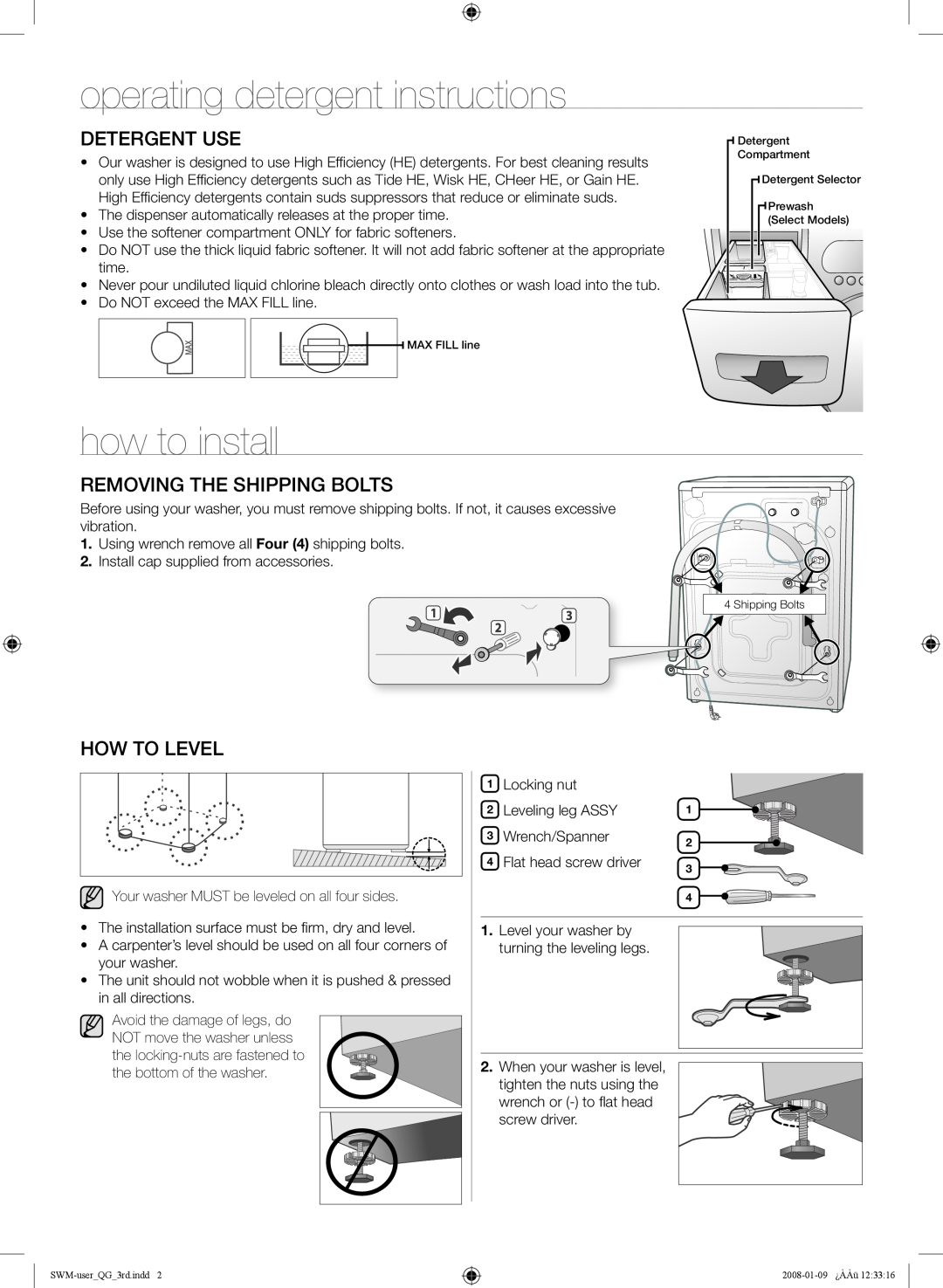 Samsung WD8704EJA/XEE manual operating detergent instructions, how to install, Detergent Use, Removing The Shipping Bolts 