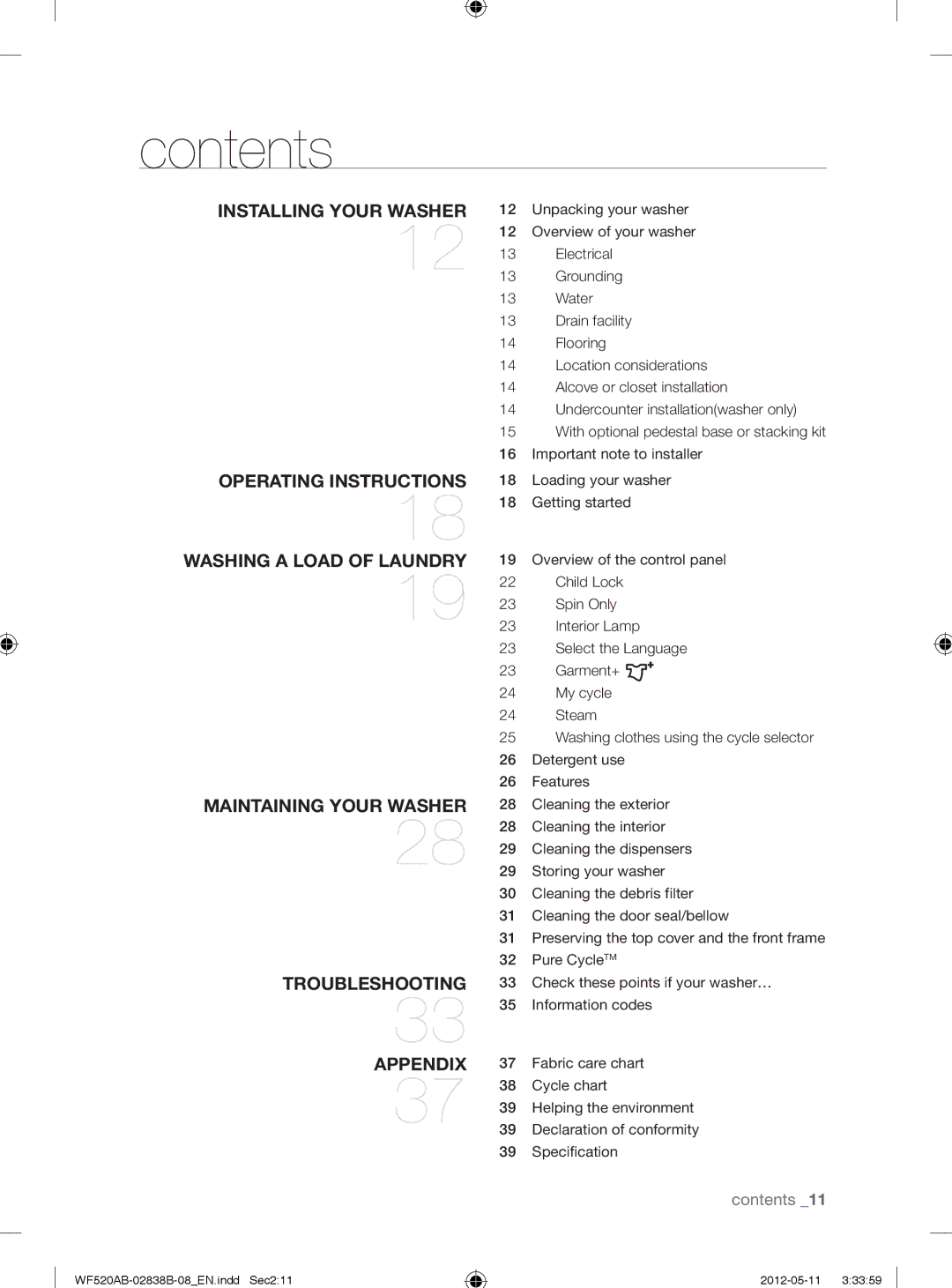 Samsung WF520ABP/XAA manual Contents 