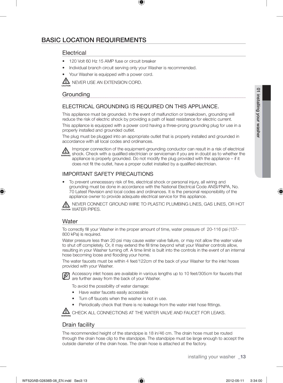 Samsung WF520ABP/XAA manual Basic Location Requirements, Electrical, Grounding, Water, Drain facility 