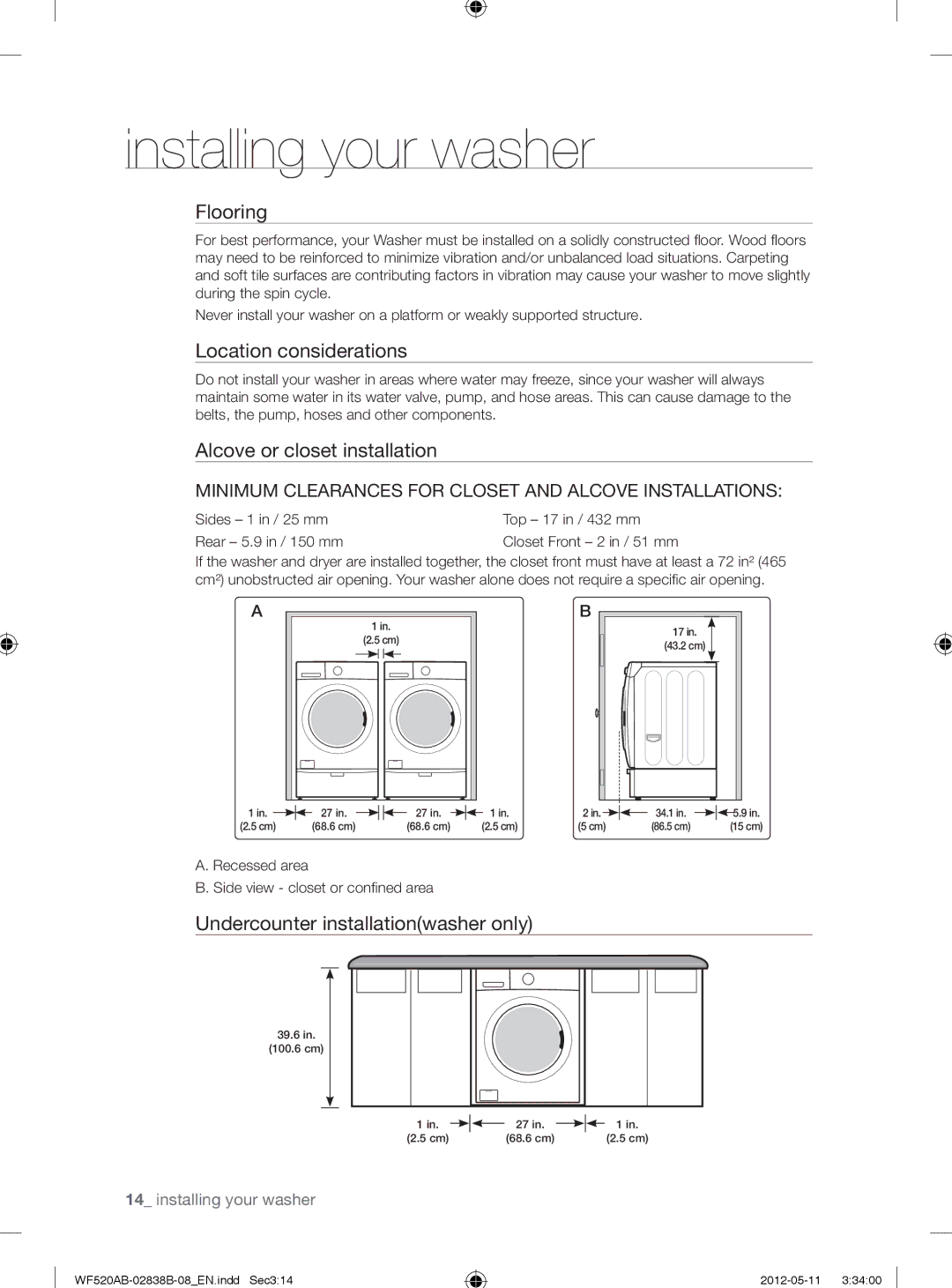 Samsung WF520ABP/XAA manual Flooring, Location considerations, Alcove or closet installation 