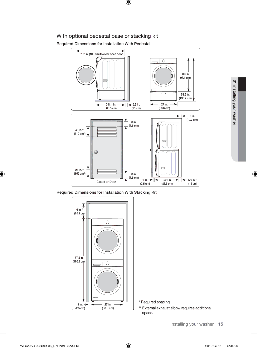 Samsung WF520ABP/XAA manual With optional pedestal base or stacking kit, Required Dimensions for Installation With Pedestal 