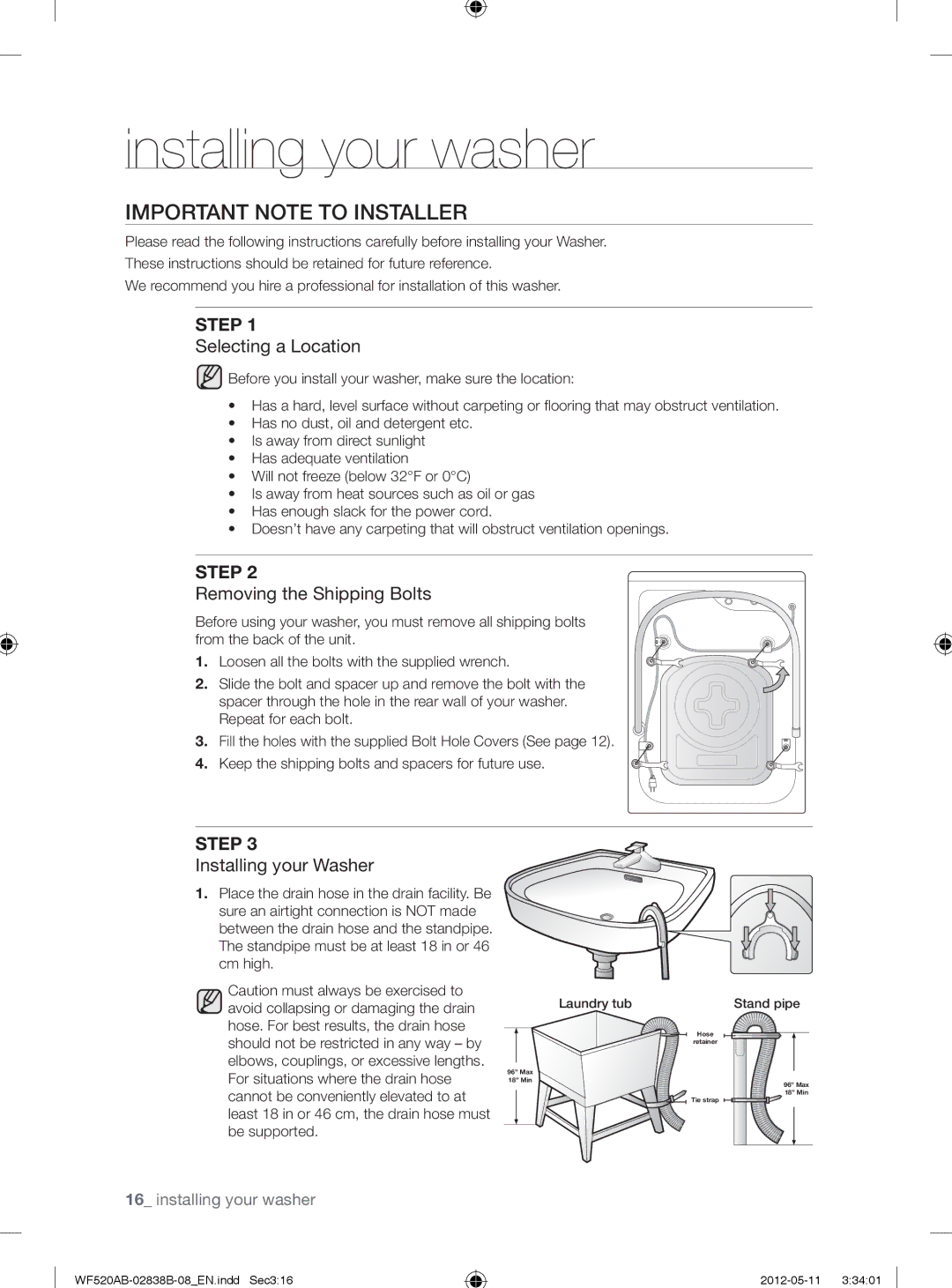 Samsung WF520ABP/XAA manual Important Note to Installer, Selecting a Location, Removing the Shipping Bolts 