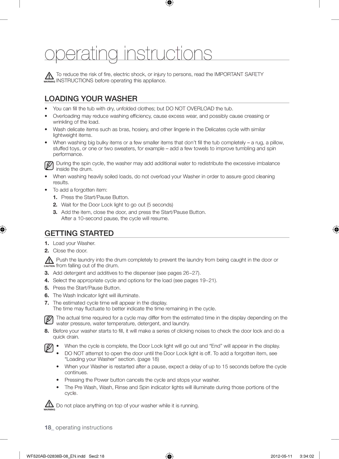 Samsung WF520ABP/XAA manual Operating instructions, Loading Your Washer, Getting Started 