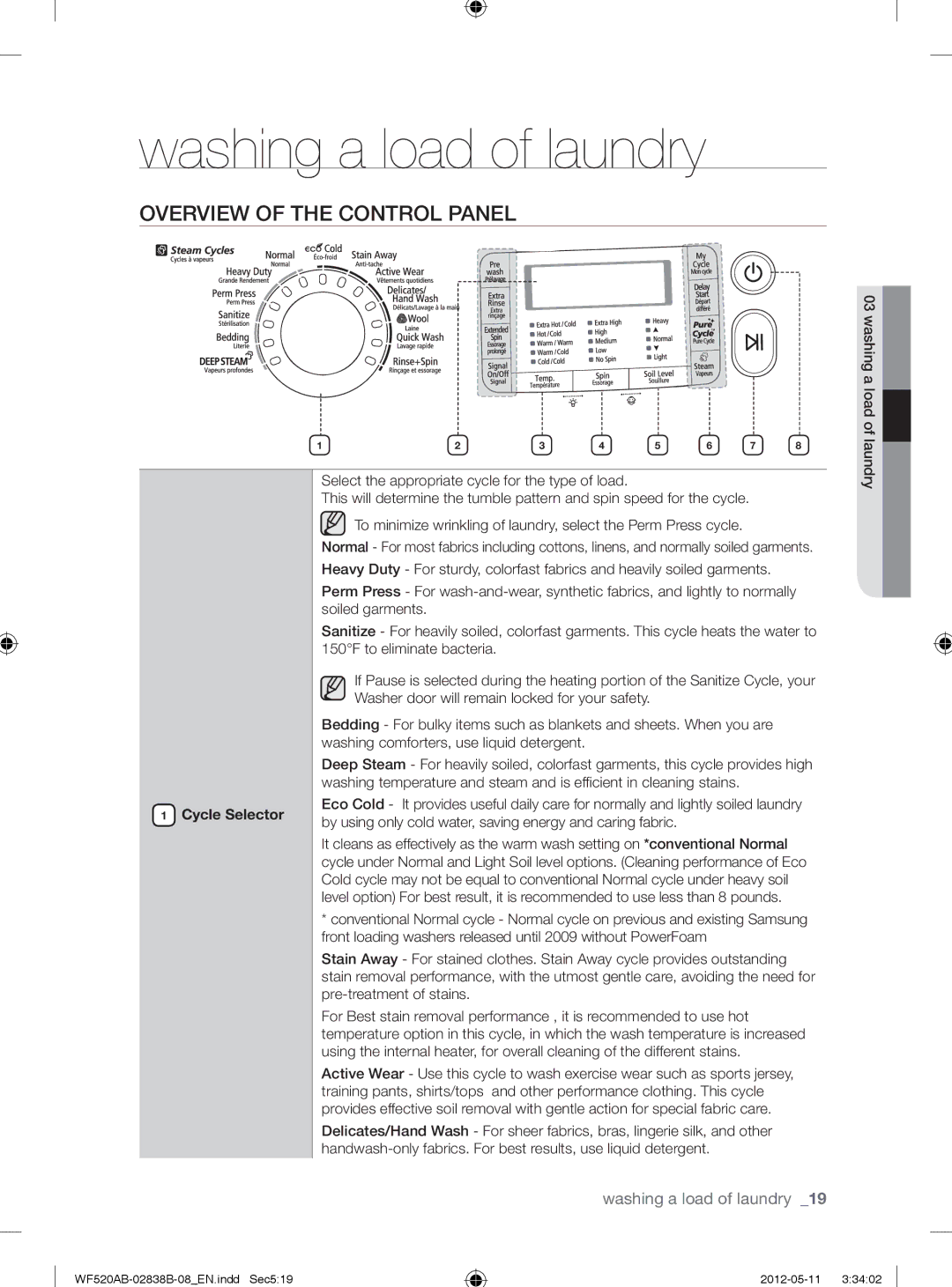 Samsung WF520ABP/XAA manual Washing a load of laundry, Overview of the Control Panel, Cycle Selector 