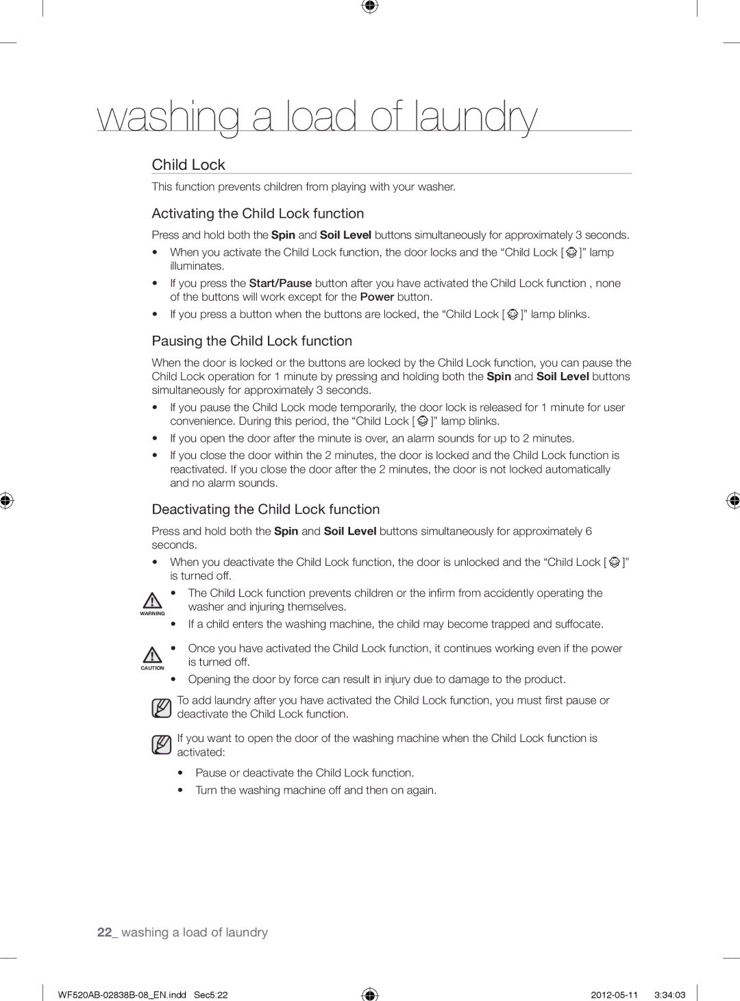 Samsung WF520ABP/XAA manual Activating the Child Lock function, Pausing the Child Lock function 