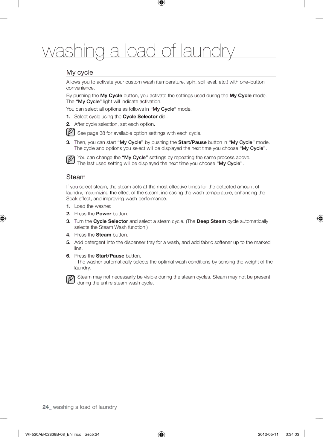 Samsung WF520ABP/XAA manual My cycle, Steam 