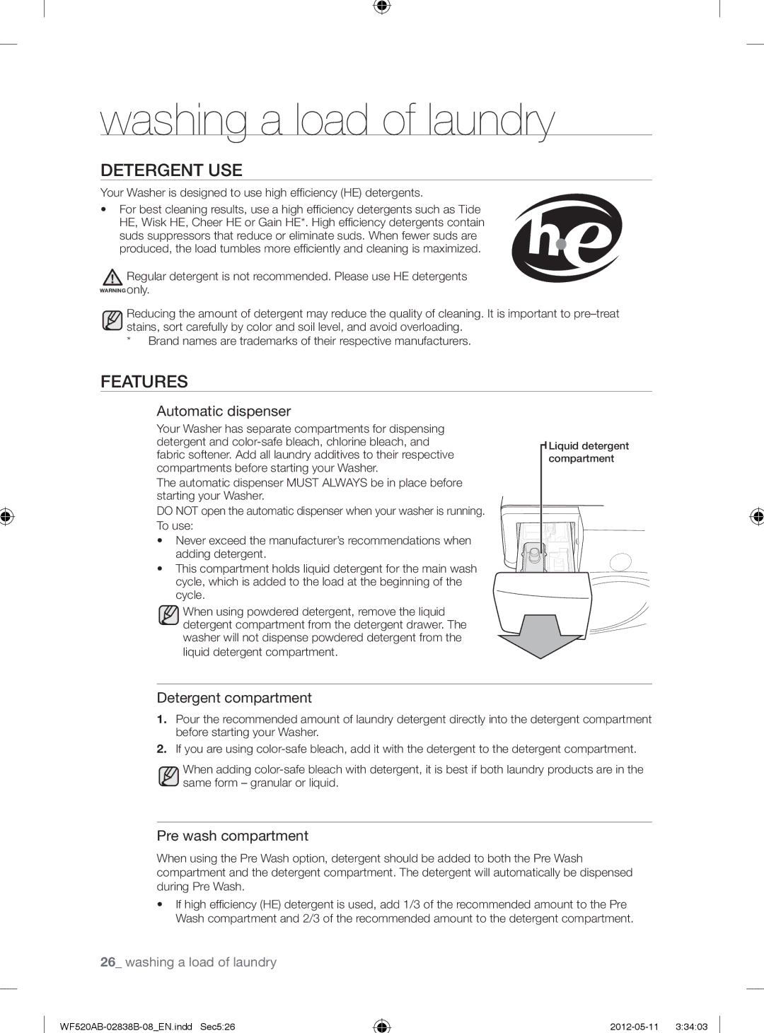 Samsung WF520ABP/XAA manual Detergent USE, Features, Automatic dispenser, Detergent compartment, Pre wash compartment 