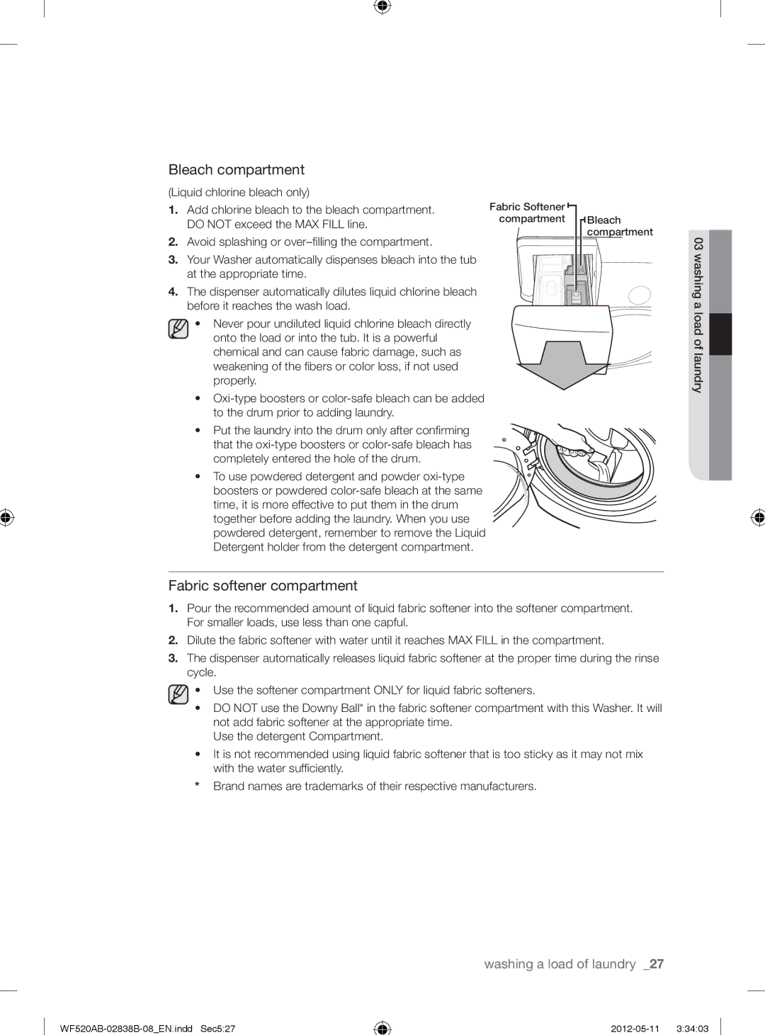 Samsung WF520ABP/XAA manual Bleach compartment, Fabric softener compartment, Liquid chlorine bleach only 