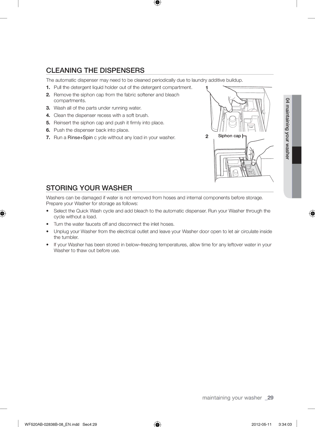 Samsung WF520ABP/XAA manual Cleaning the Dispensers, Siphon cap 