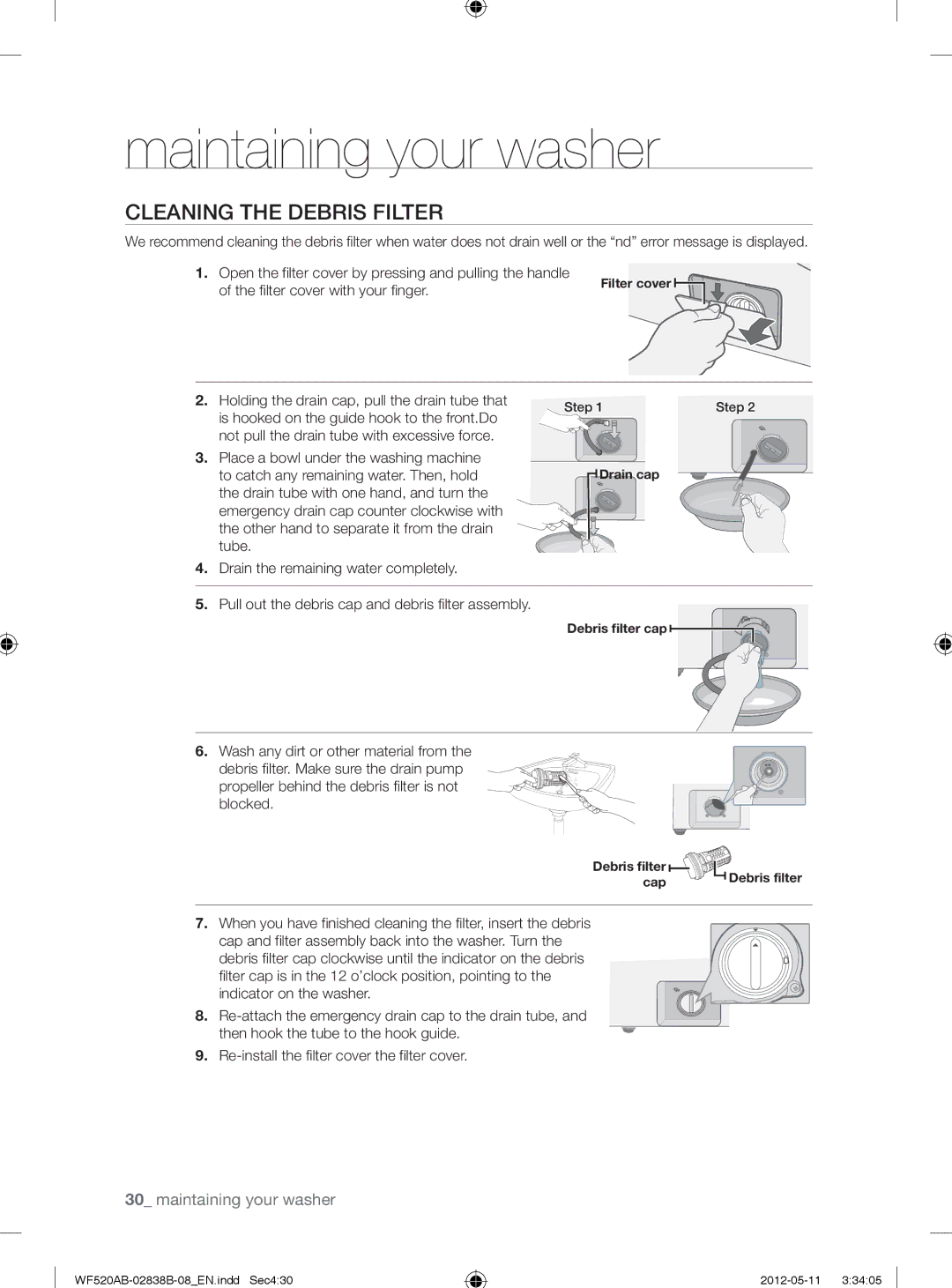 Samsung WF520ABP/XAA manual Cleaning the Debris Filter, Filter cover with your finger 