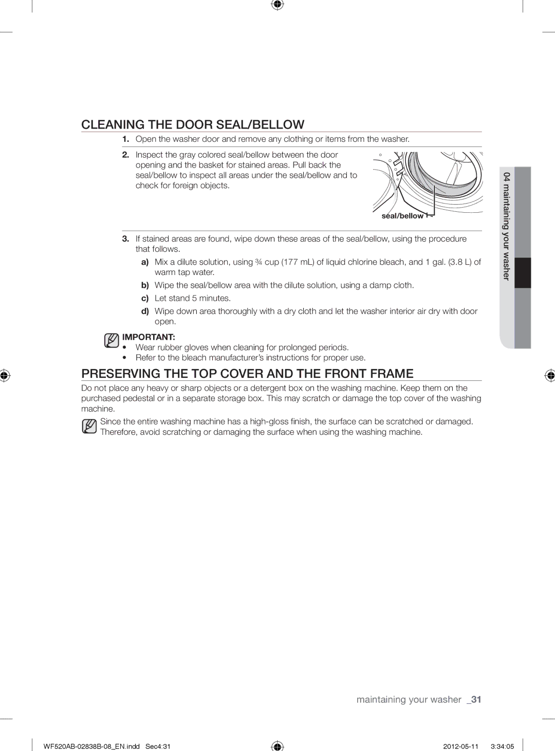 Samsung WF520ABP/XAA Cleaning the Door SEAL/BELLOW, Preserving the TOP Cover and the Front Frame, Maintaining your washer 