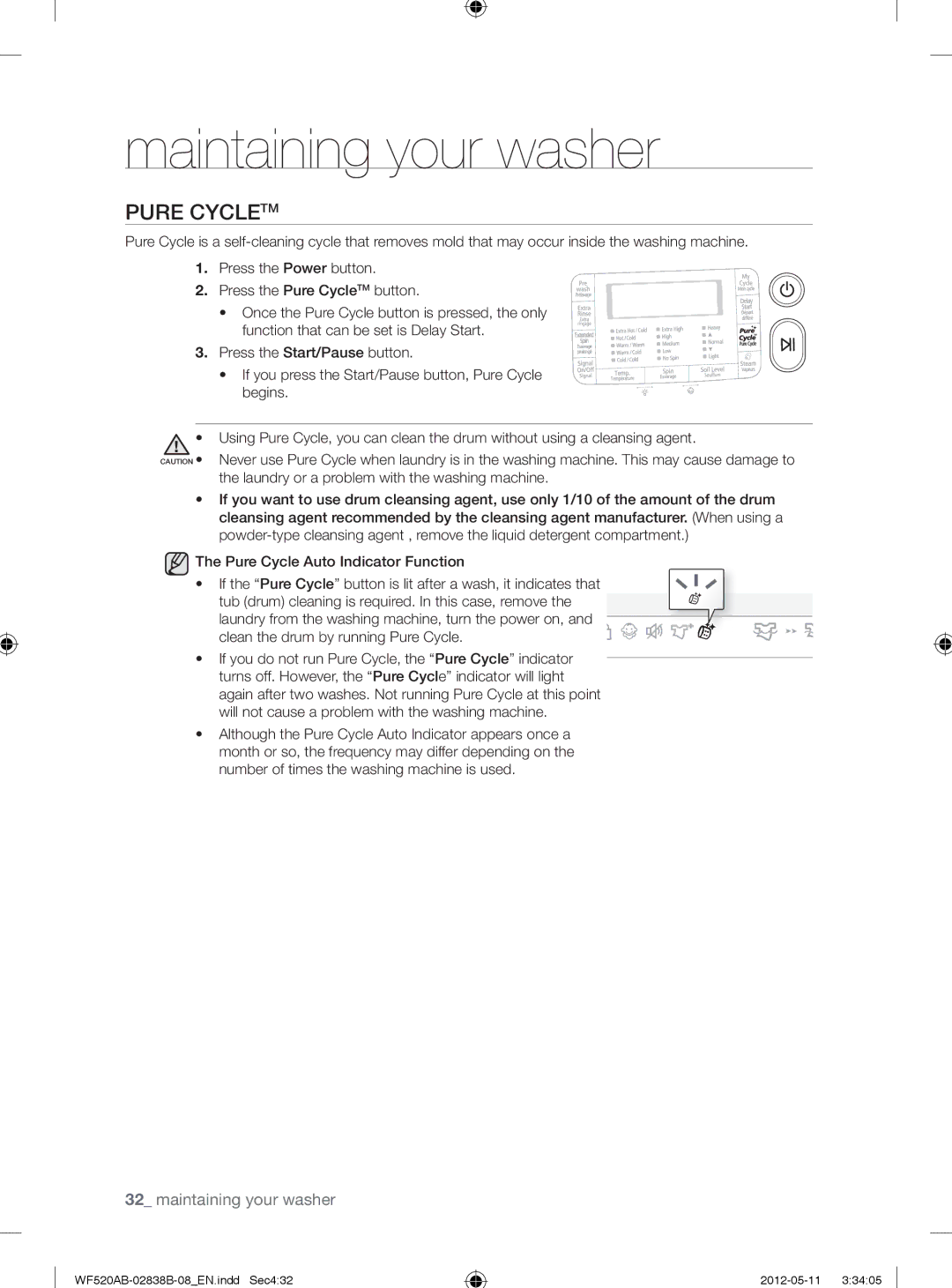 Samsung WF520ABP/XAA manual Pure Cycletm, Clean the drum by running Pure Cycle 