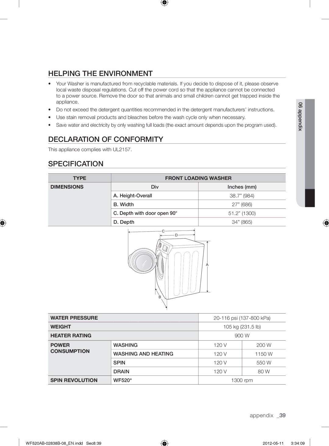 Samsung WF520ABP/XAA manual Helping the Environment, Declaration of Conformity, Specification 