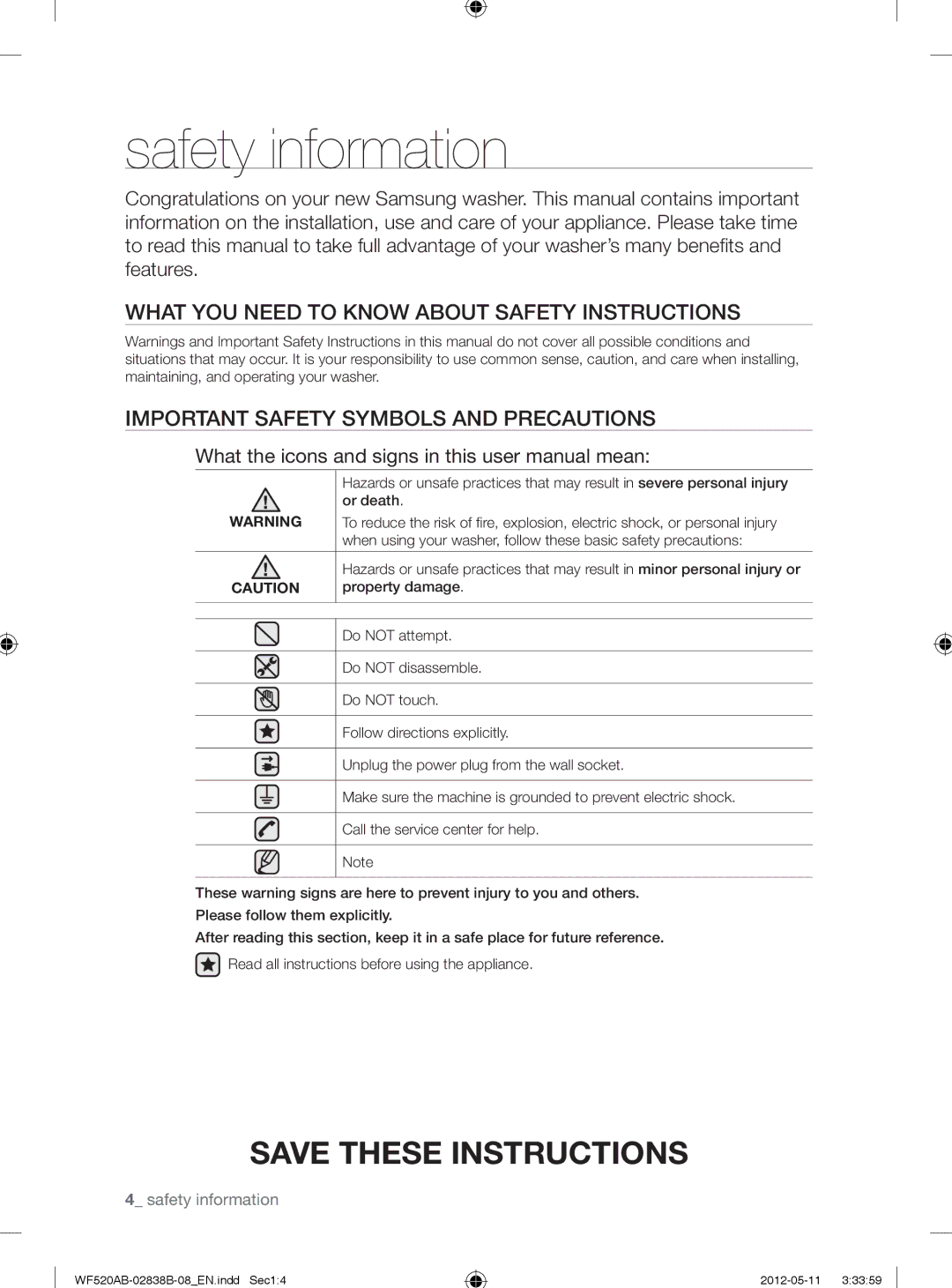 Samsung WF520ABP/XAA manual Safety information 