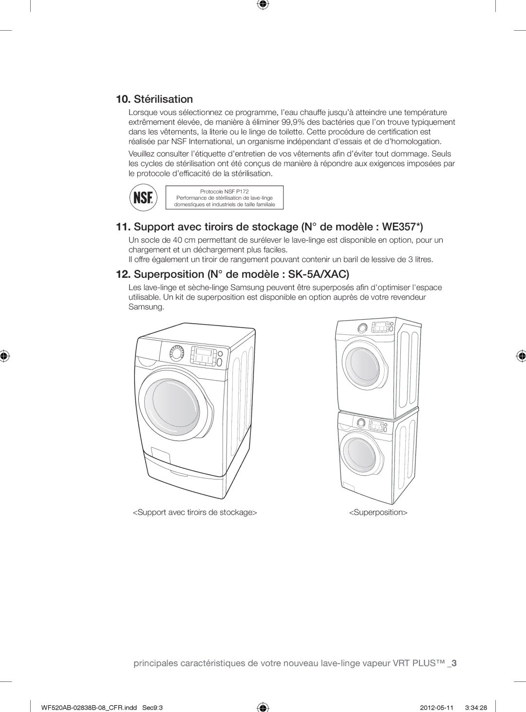 Samsung WF520ABP/XAA manual 10. Stérilisation, Support avec tiroirs de stockage N de modèle WE357 