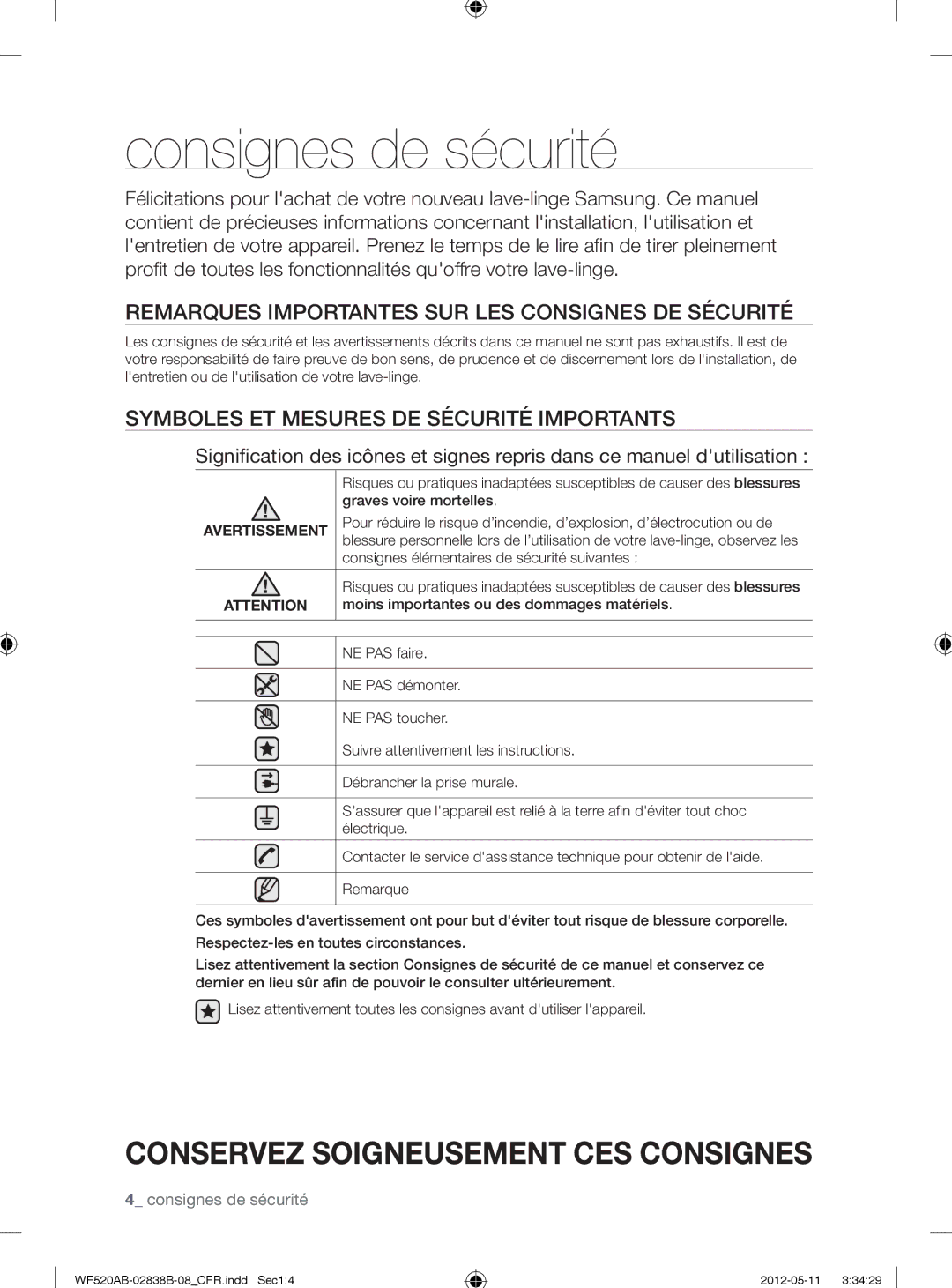 Samsung WF520ABP/XAA manual Consignes de sécurité, Remarques Importantes SUR LES Consignes DE Sécurité 