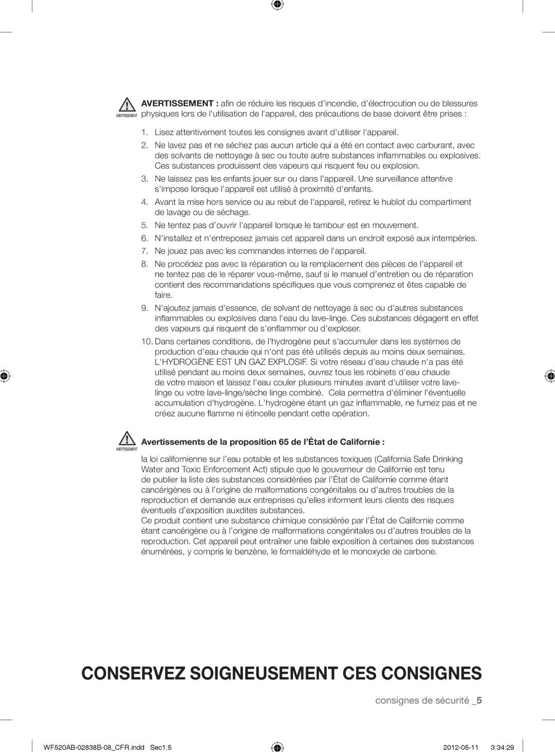 Samsung WF520ABP/XAA manual Avertissements de la proposition 65 de l’État de Californie 