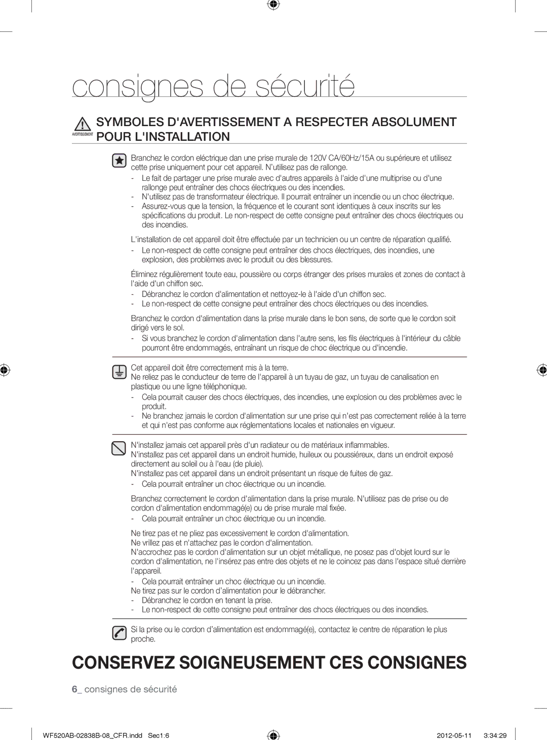 Samsung WF520ABP/XAA manual Cela pourrait entraîner un choc électrique ou un incendie 