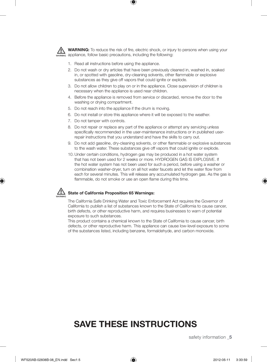 Samsung WF520ABP/XAA manual State of California Proposition 65 Warnings 