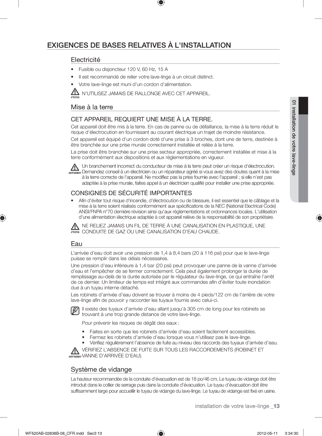 Samsung WF520ABP/XAA Exigences DE Bases Relatives À Linstallation, Electricité, Mise à la terre, Eau, Système de vidange 